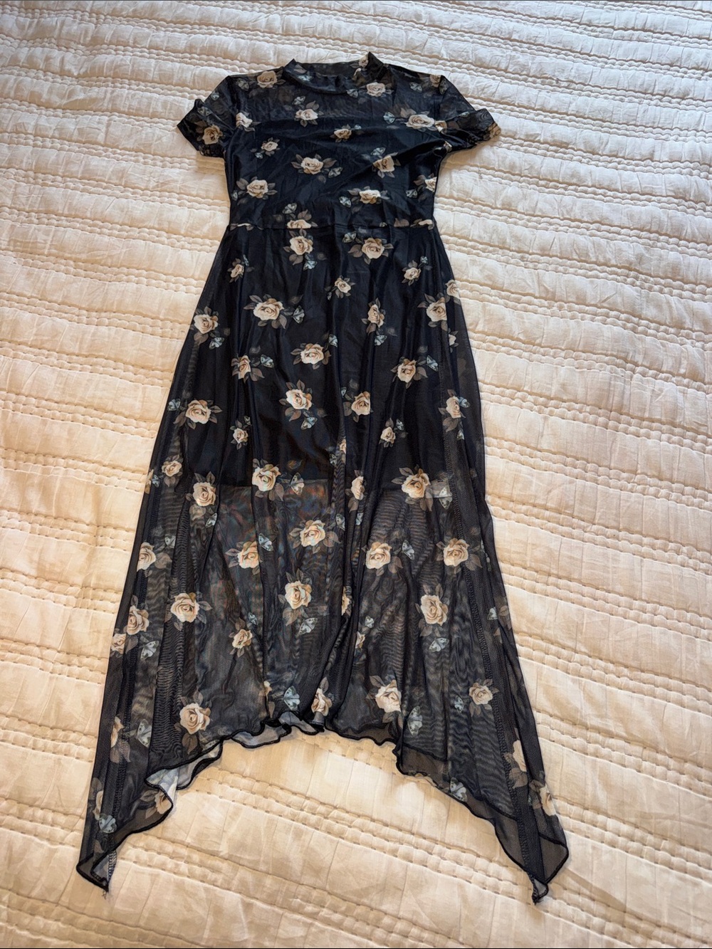 Women’s Black Floral Mesh Asymmetric Hem Dress
